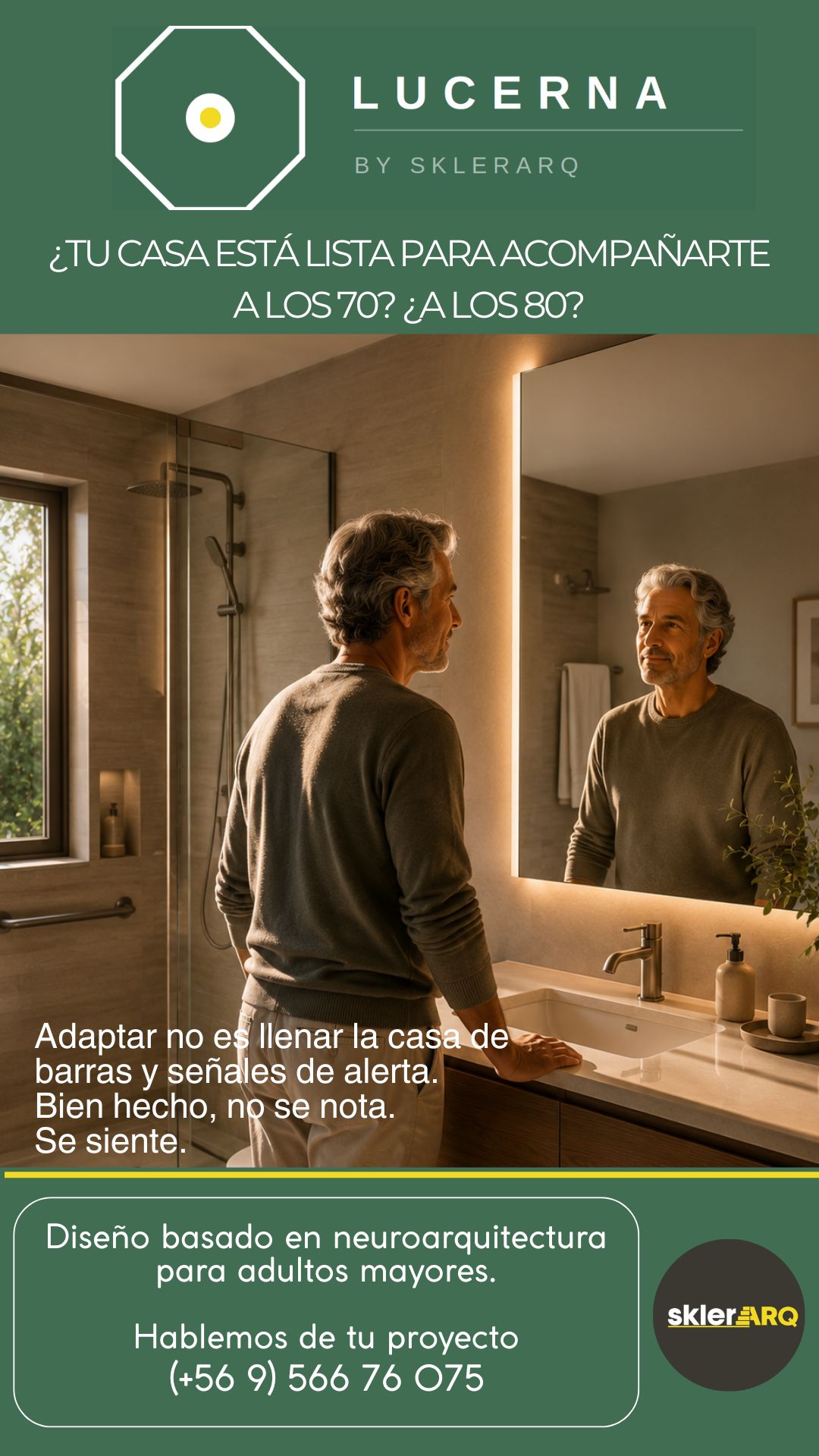 Publicación Lucerna: hombre mayor en un baño adaptado, sobre diseño que no se nota