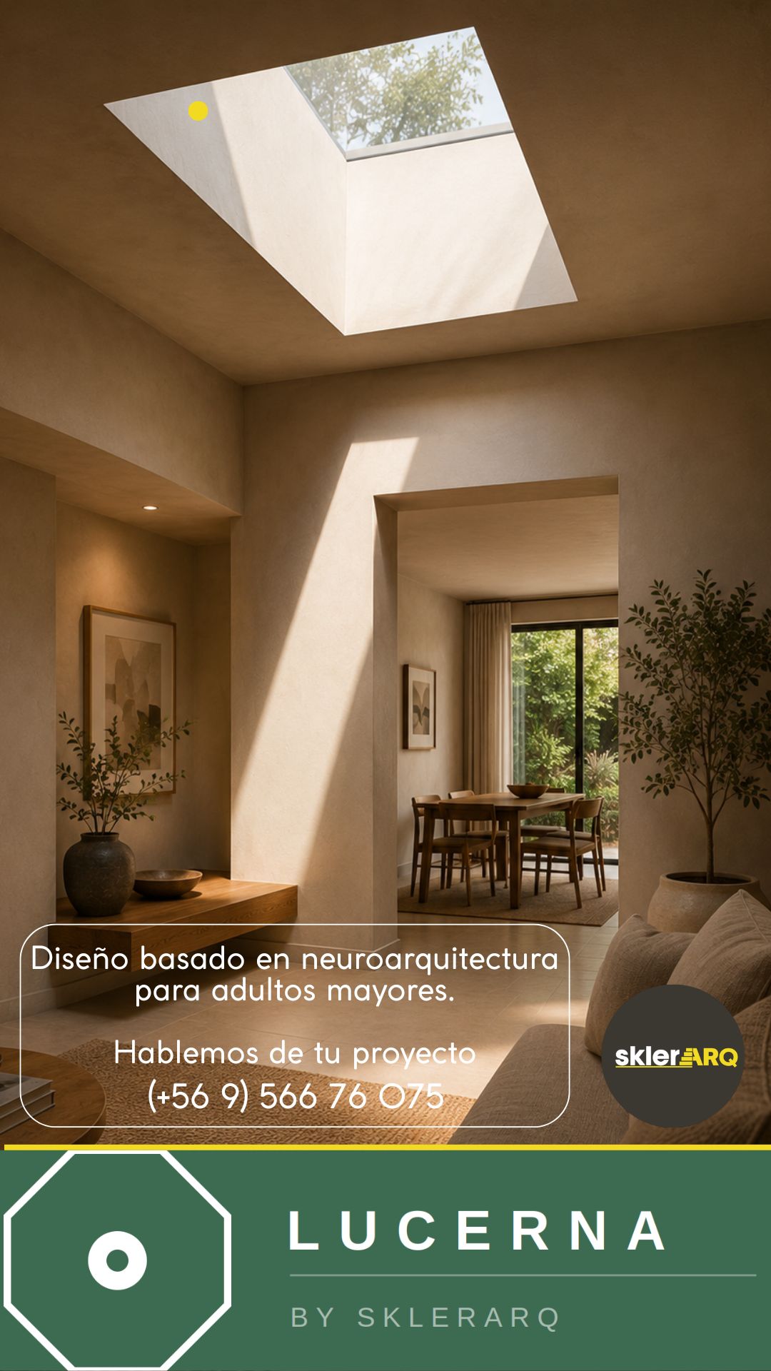 Interior residencial con luz natural cenital, diseñado bajo principios de neuroarquitectura